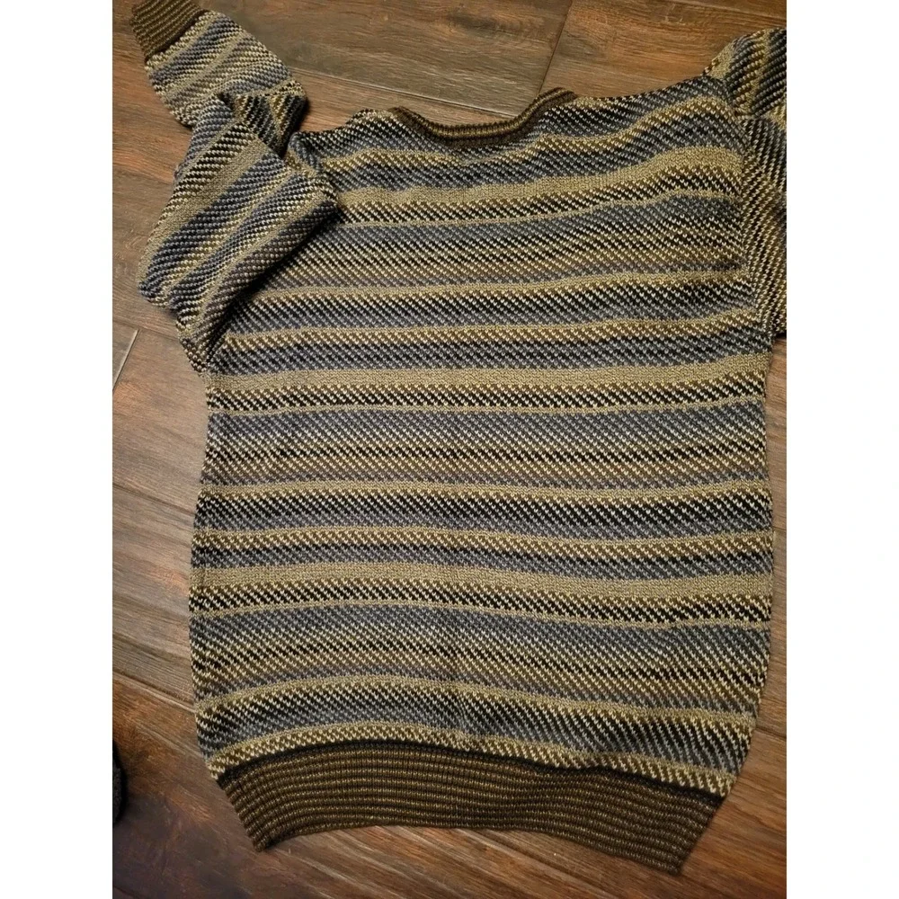 Puritan Vintage Mens Small Striped Knit Sweater Brown Blue Crew Neck  1319